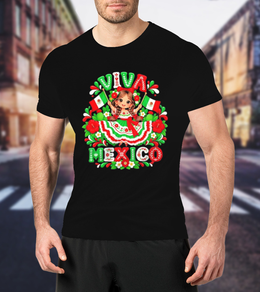 Viva Mexico Girl Festive Mexican Flags Floral Celebration T-Shirt