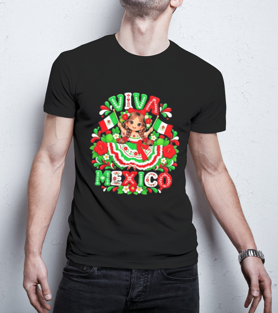Viva Mexico Girl Festive Mexican Flags Floral Celebration T-Shirt