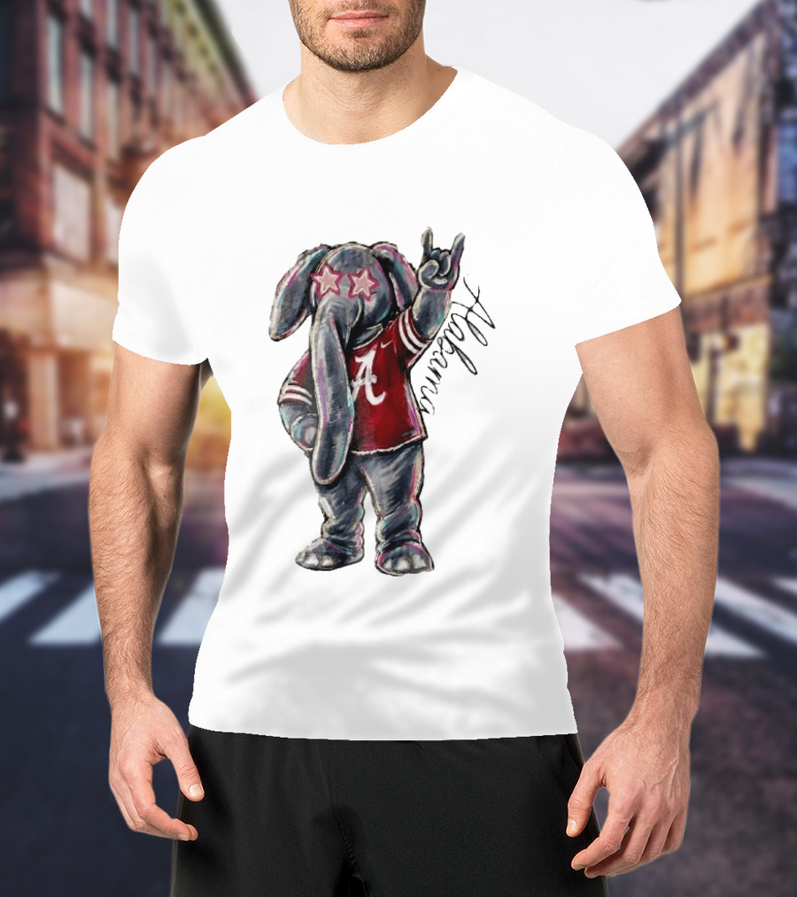 Alabama Crimson Tide Elephant Pink Star Glasses Hand Sign Sketch T-Shirt