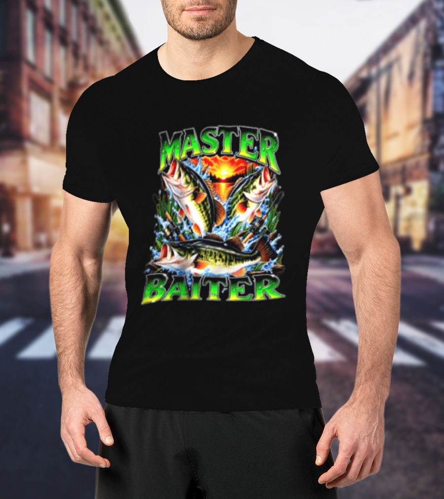 Master Baiter Fishing Large Mouth Bass Sunset Scene T-Shirt