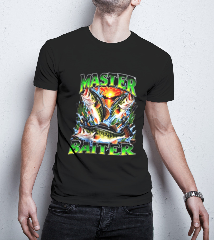 Master Baiter Fishing Large Mouth Bass Sunset Scene T-Shirt