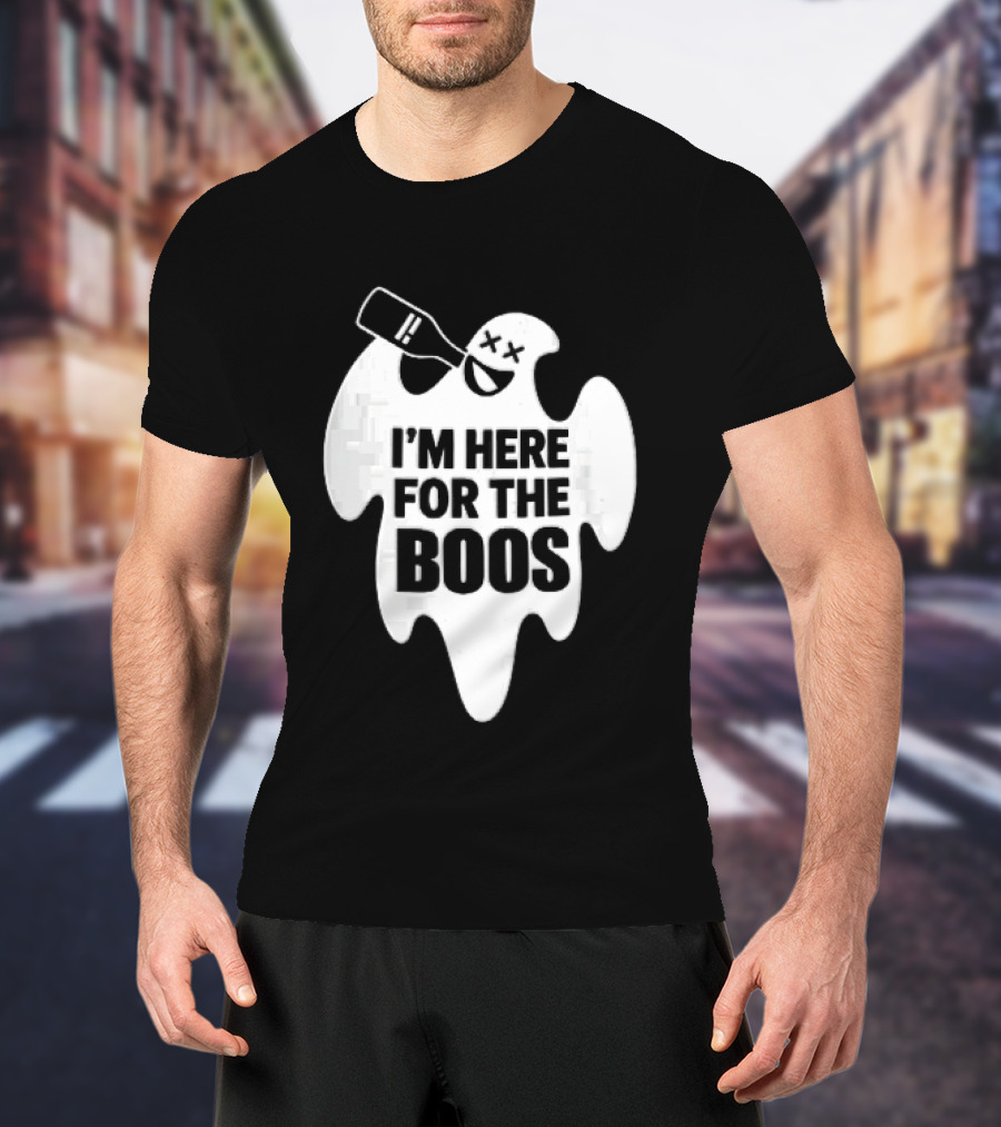 I'm Here For The Boos Cartoon Ghost Drinking Alcohol Bottle T-Shirt