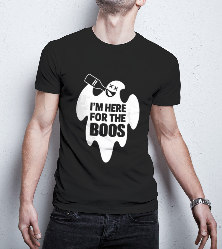 I'm Here For The Boos Cartoon Ghost Drinking Alcohol Bottle T-Shirt