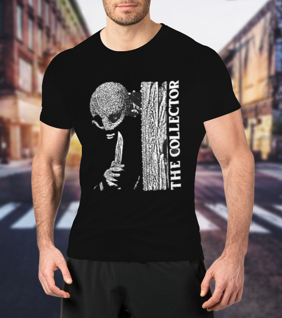 The Collector Masked Figure Knife Wooden Door Peeking Halftone T-Shirt