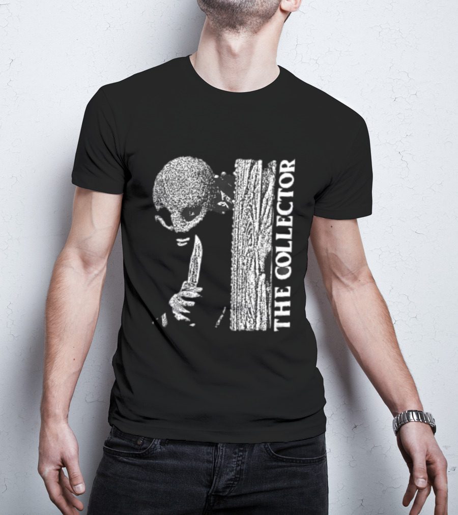 The Collector Masked Figure Knife Wooden Door Peeking Halftone T-Shirt