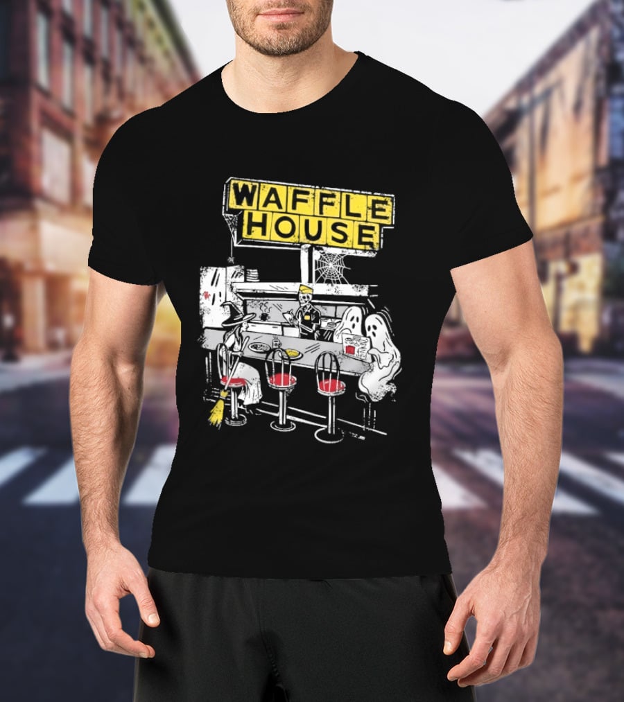 Waffle House Wafflehaunted House Ghostly Diner Scene Halloween T-Shirt