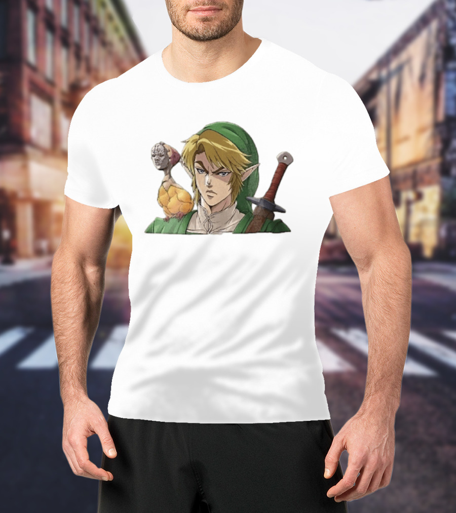 Anime Blonde Elf Knight In Green Tunic With Sword And Strange Bird Companion T-Shirt