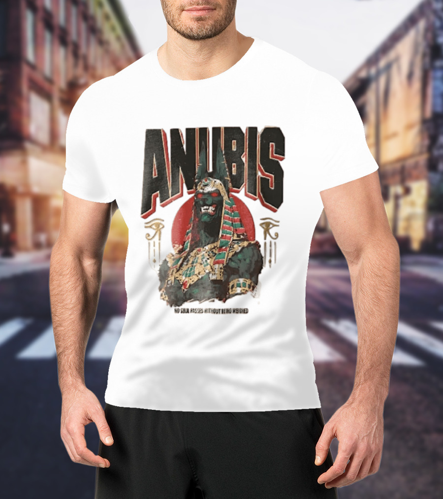Anubis Jackal Headed Egyptian God Distressed No Soul Passes Without Being Weighed Sun T-Shirt