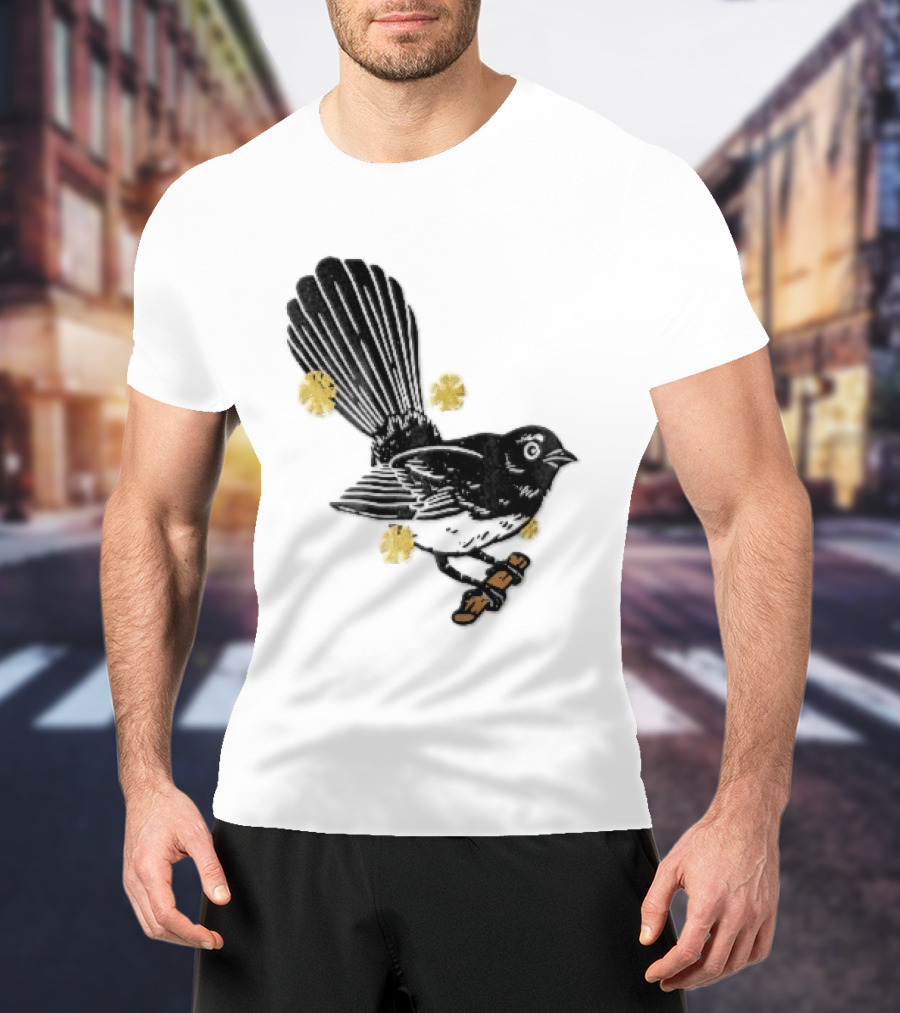 Black White Linocut Fantail Bird Branch Yellow Flowers T-Shirt