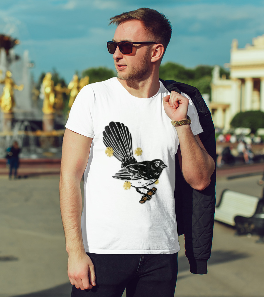 Black White Linocut Fantail Bird Branch Yellow Flowers T-Shirt