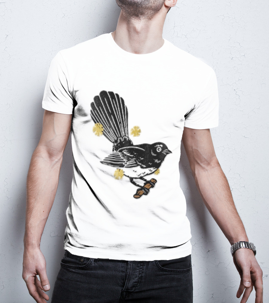 Black White Linocut Fantail Bird Branch Yellow Flowers T-Shirt