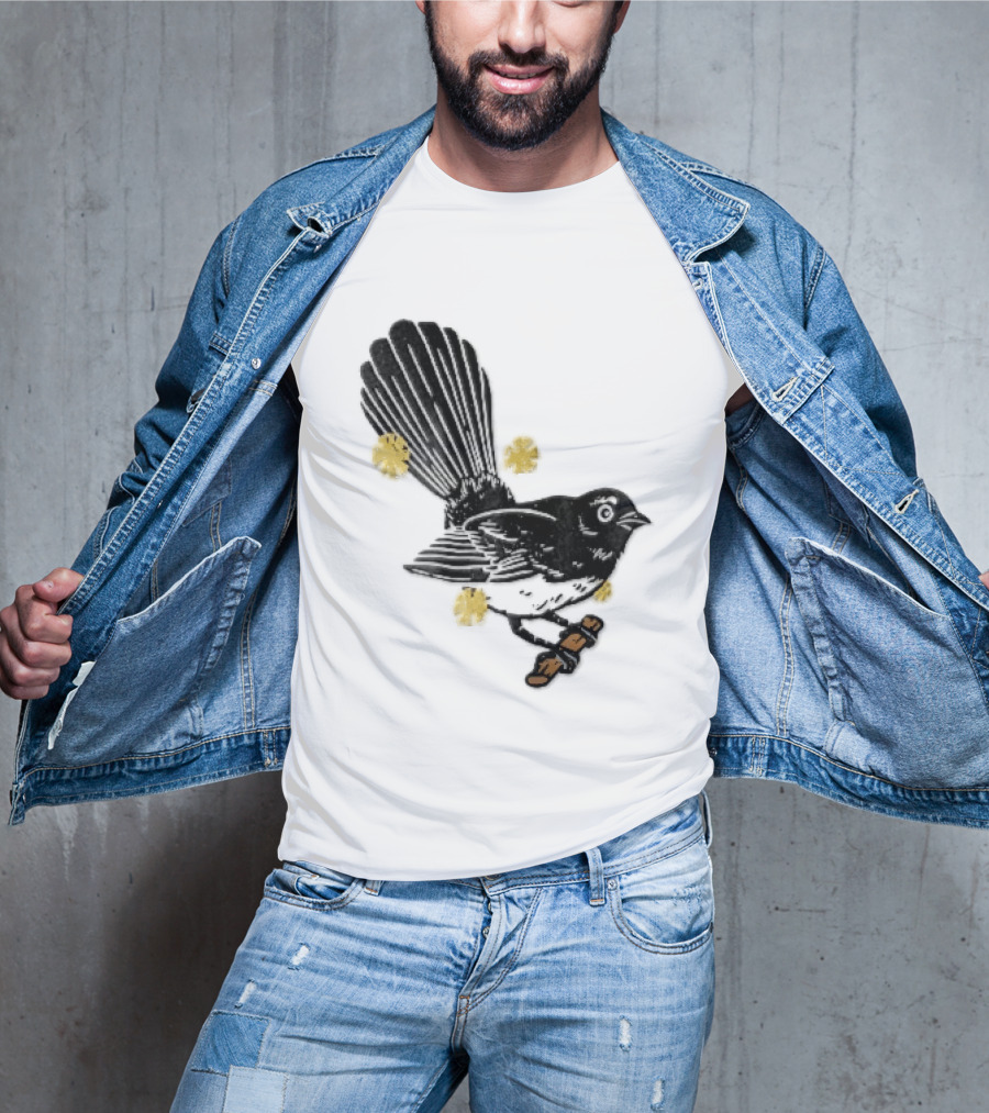 Black White Linocut Fantail Bird Branch Yellow Flowers T-Shirt