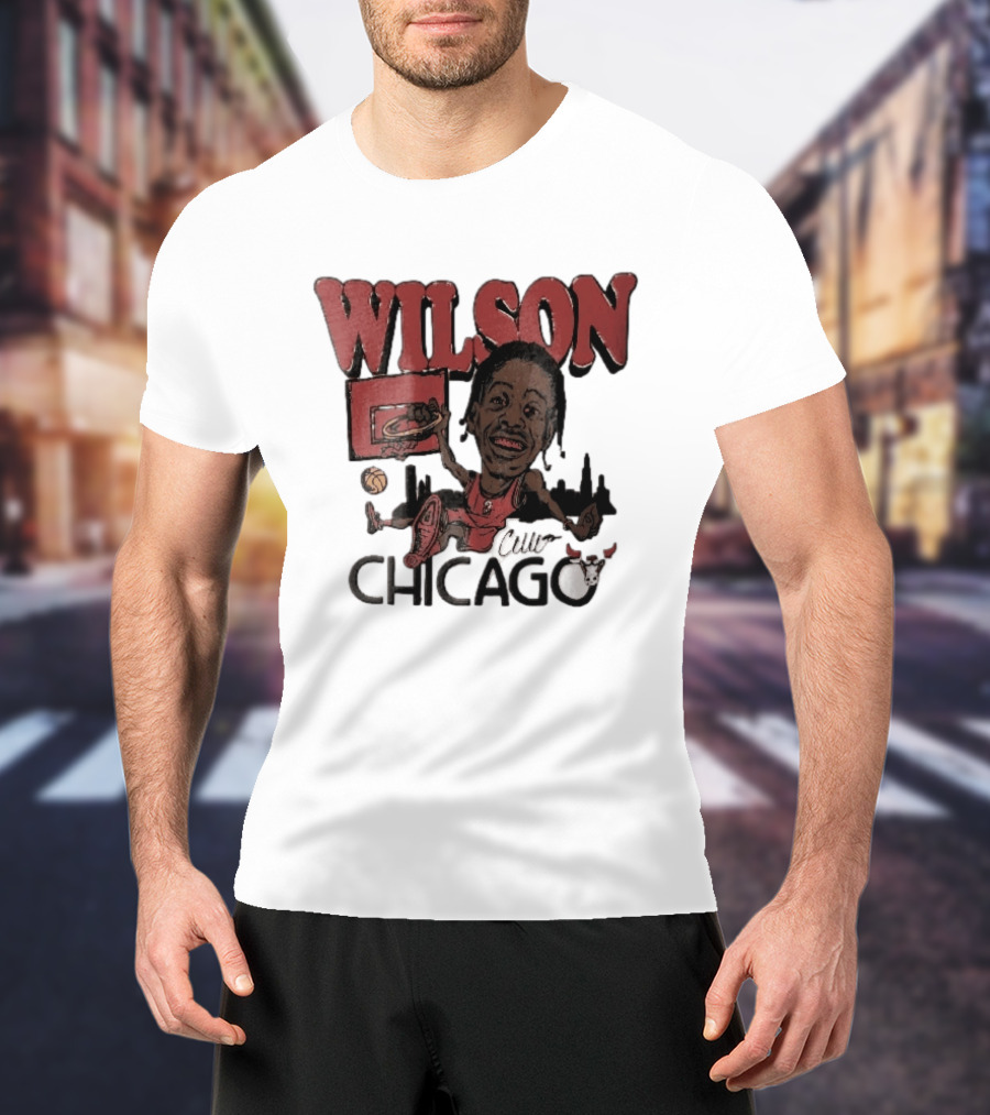 Chicago Bulls Wilson Cartoon Caricature Dunking City Skyline T-Shirt
