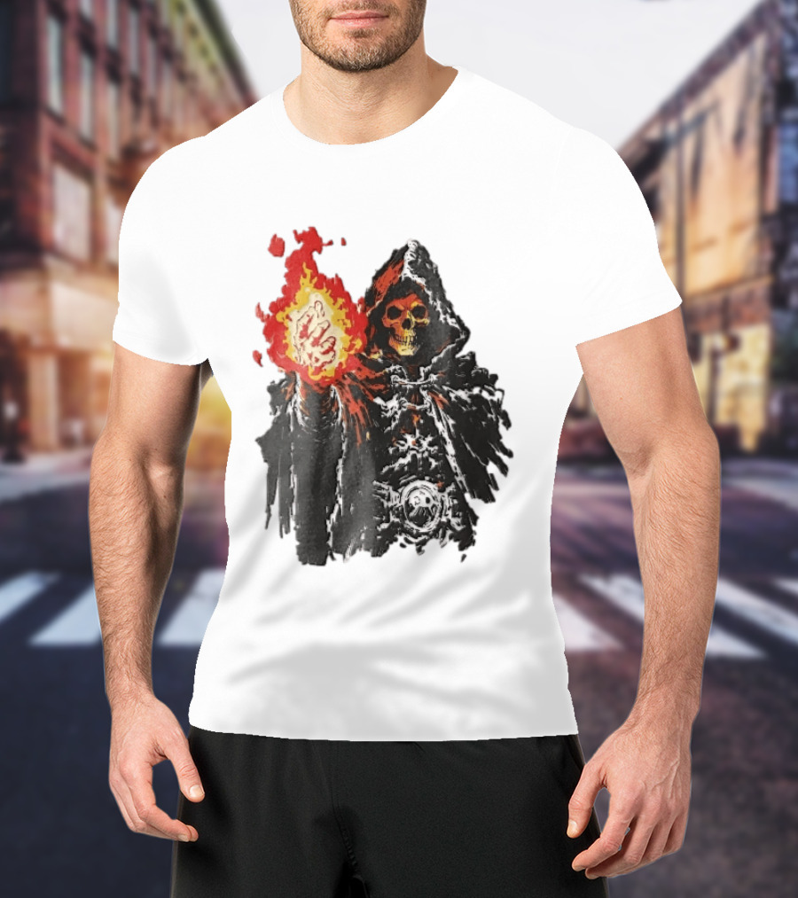 Hooded Skeleton Sorcerer With Glowing Red Fireball T-Shirt