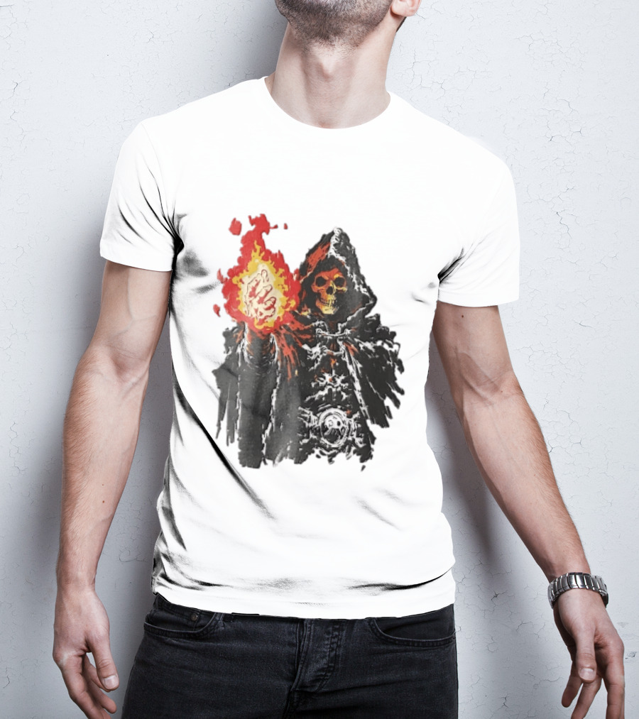 Hooded Skeleton Sorcerer With Glowing Red Fireball T-Shirt