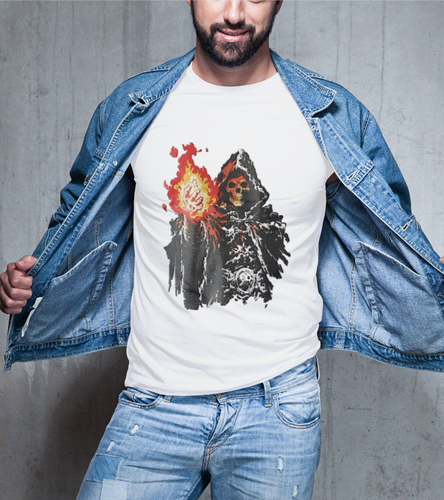 Hooded Skeleton Sorcerer With Glowing Red Fireball T-Shirt