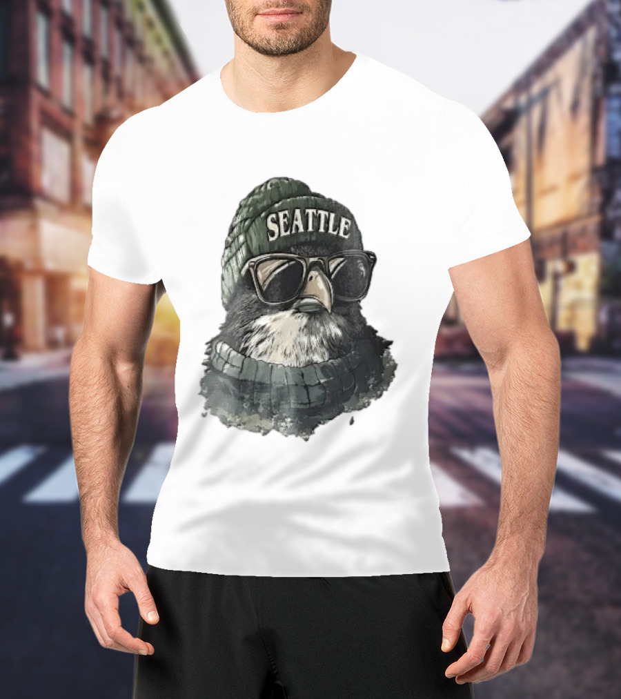 Seattle Beanie Hawk Cartoon With Sunglasses And Scarf T-Shirt