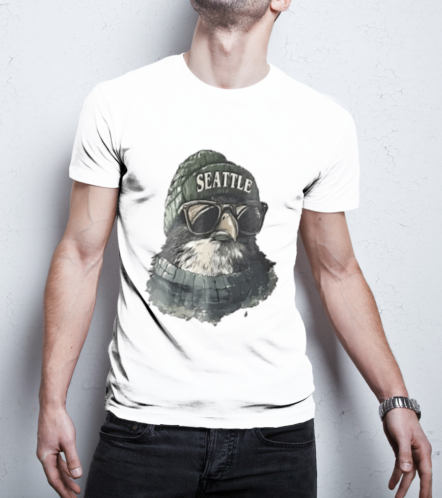 Seattle Beanie Hawk Cartoon With Sunglasses And Scarf T-Shirt