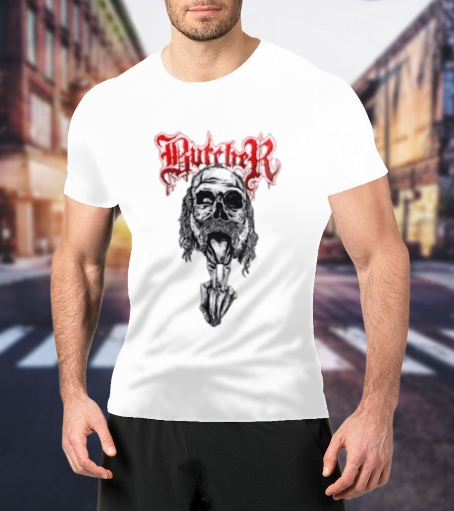 Butcher Skull With Gothic Red Text And Grim T-Shirt