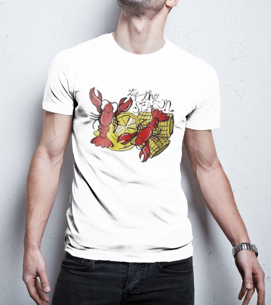 Tis The Season Distressed Cartoon Crawfish Lemon Corn Cob Fun T-Shirt