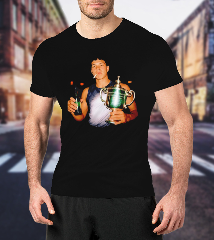 Ben Shelton Celebrating Victory With Beer And Trophy T-Shirt