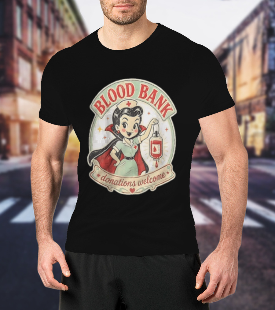 Blood Bank Donations Welcome Vampire Nurse Retro Cartoon T-Shirt