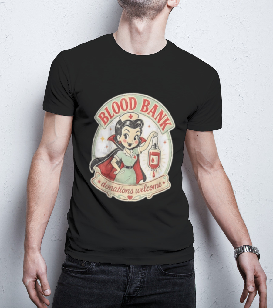 Blood Bank Donations Welcome Vampire Nurse Retro Cartoon T-Shirt