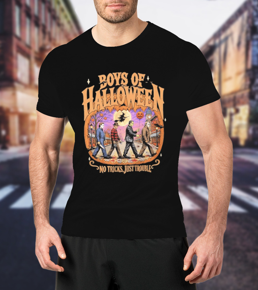 Boys Of Halloween Horror Characters Abbey Road No Tricks Just Trouble T-Shirt