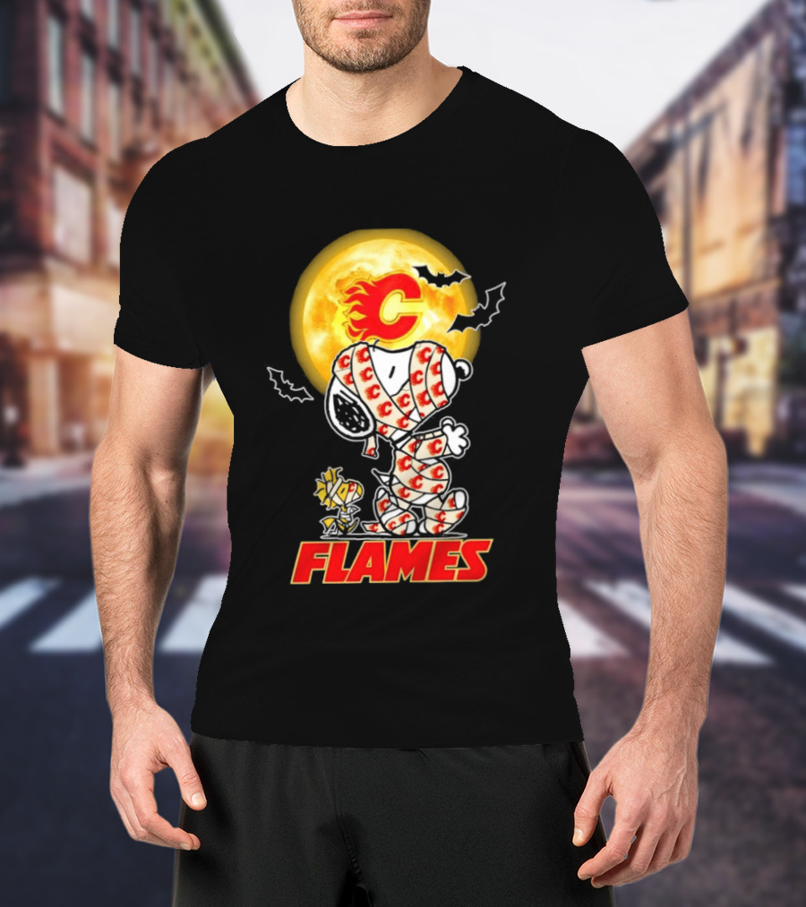 Flames Halloween Snoopy Woodstock Mummy Cosplay Calgary C Bat Moon T-Shirt