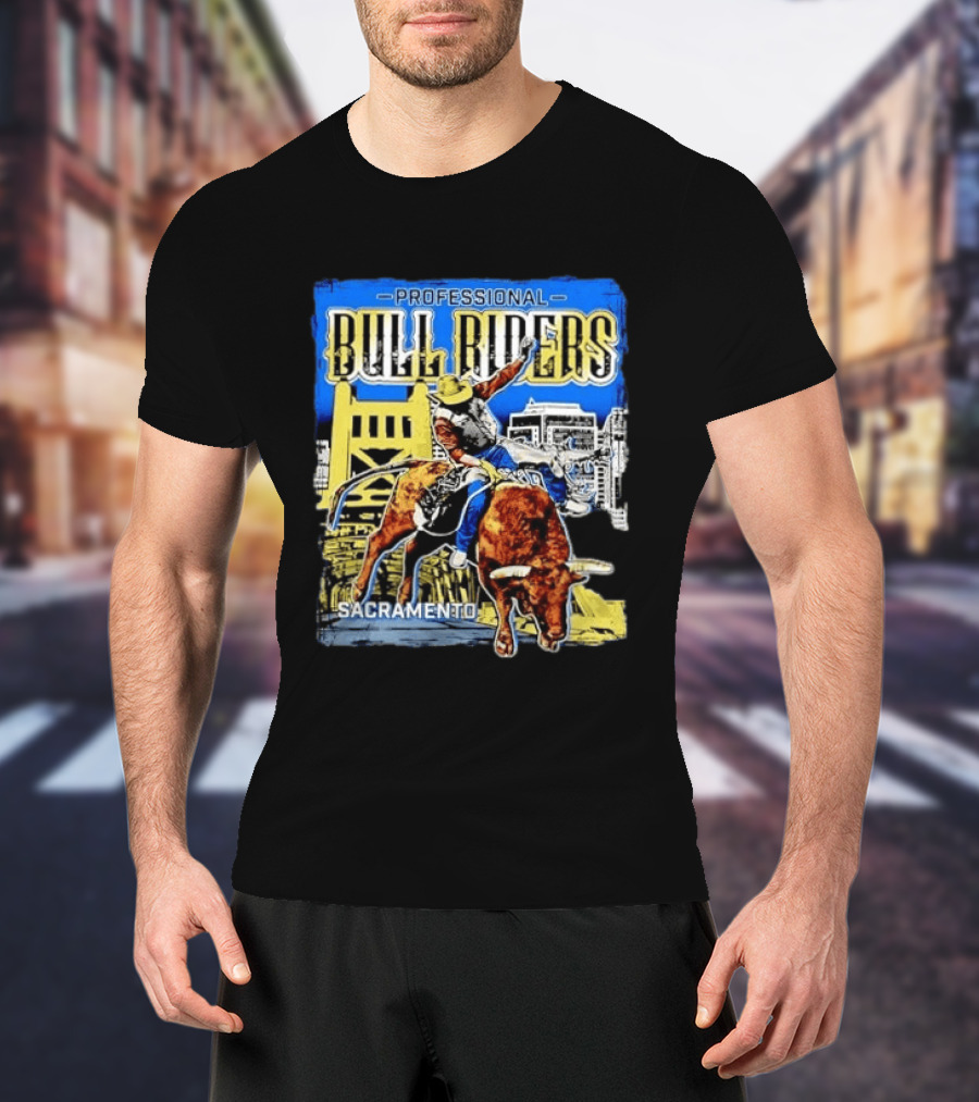 Professional Bull Riders Sacramento Cowboy Riding Bull Cityscape T-Shirt