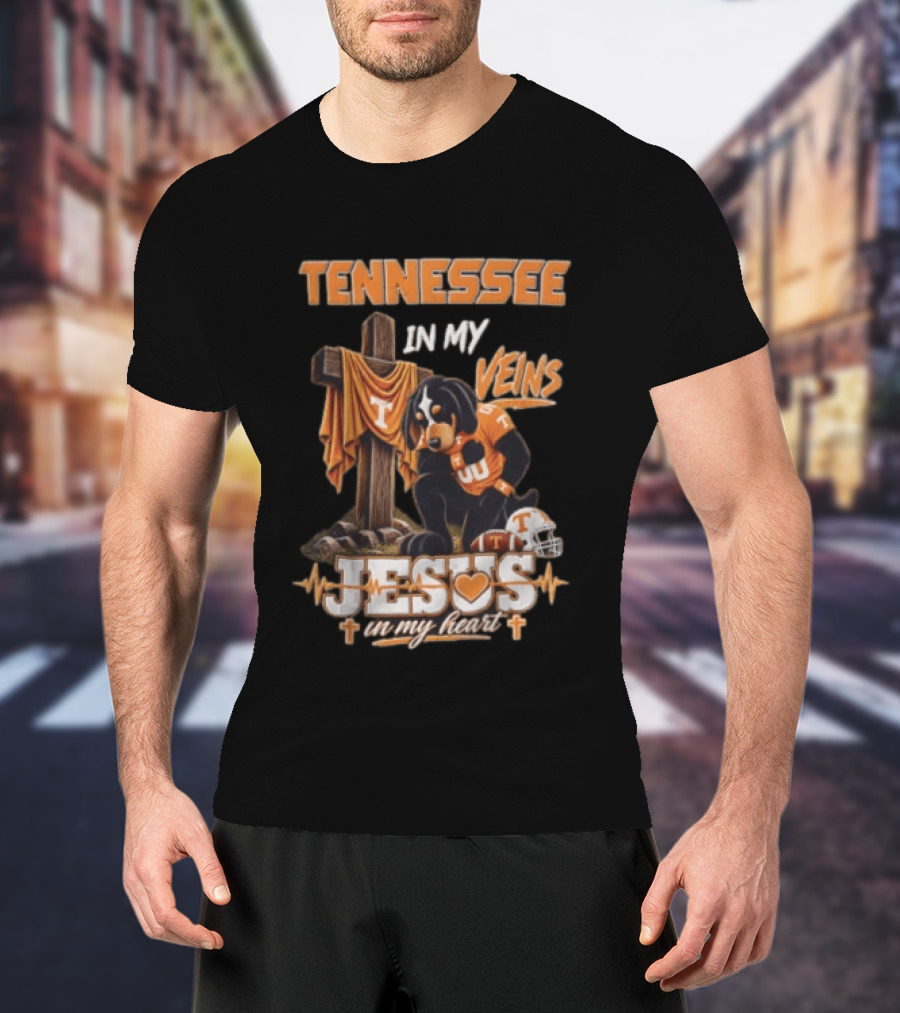 Tennessee In My Veins Jesus In My Heart Dog Cross Football Helmet T-Shirt