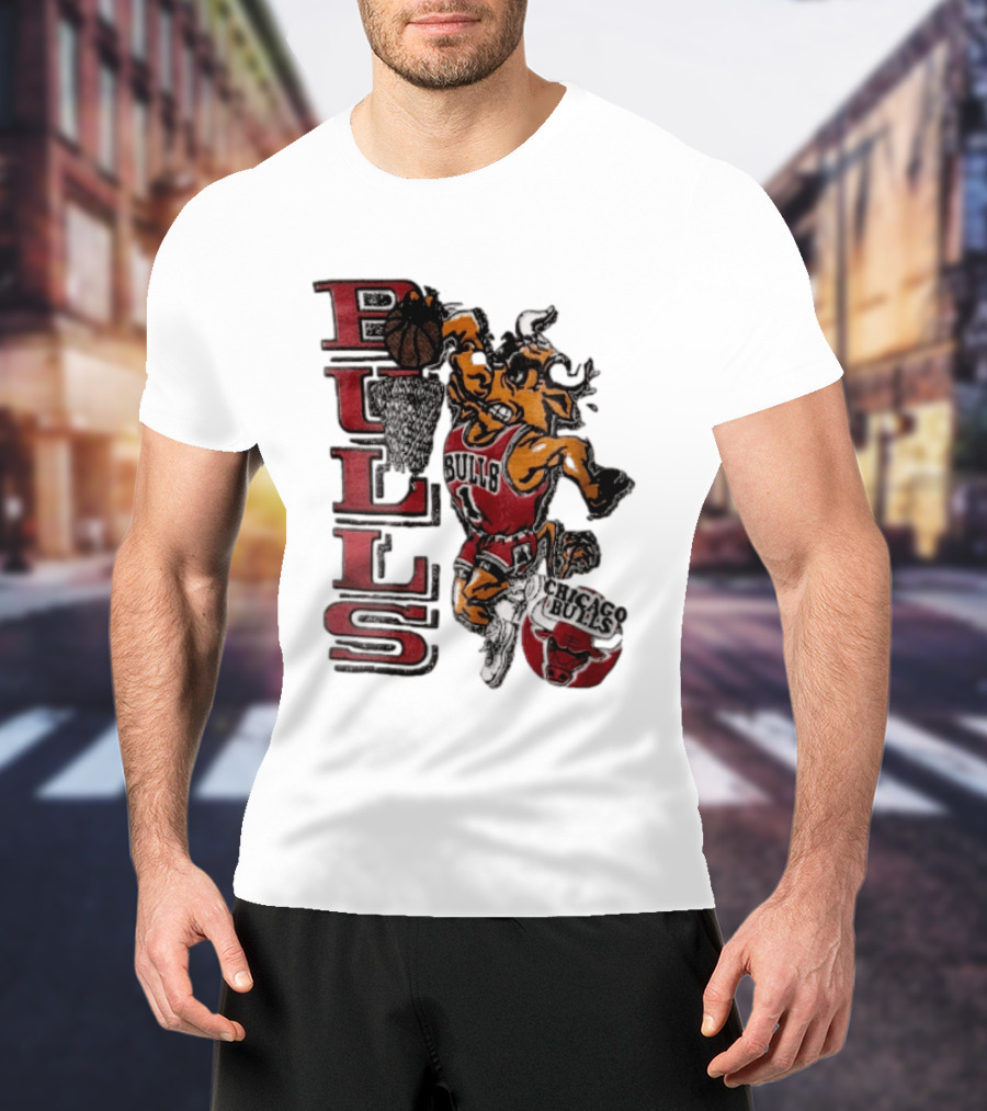 Chicago Bulls Bull Dunking Basketball Hoop NBA Cartoon Caricature T-Shirt