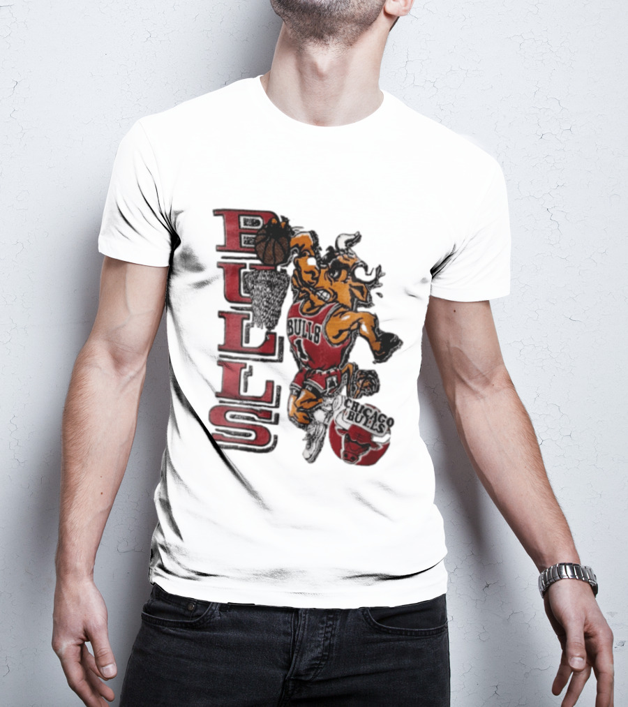 Chicago Bulls Bull Dunking Basketball Hoop NBA Cartoon Caricature T-Shirt
