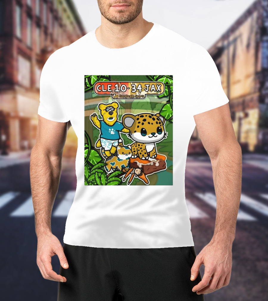 CornDoggy Sports CLE 10 34 JAX Cleveland Browns Vs Jacksonville Jaguars Cartoon Animals T-Shirt