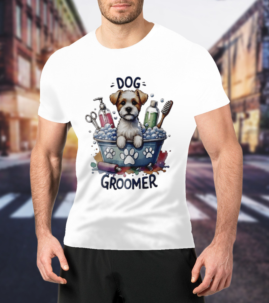 Dog Groomer Puppy Bath Tub Soap Scissors Brush Watercolor T-Shirt