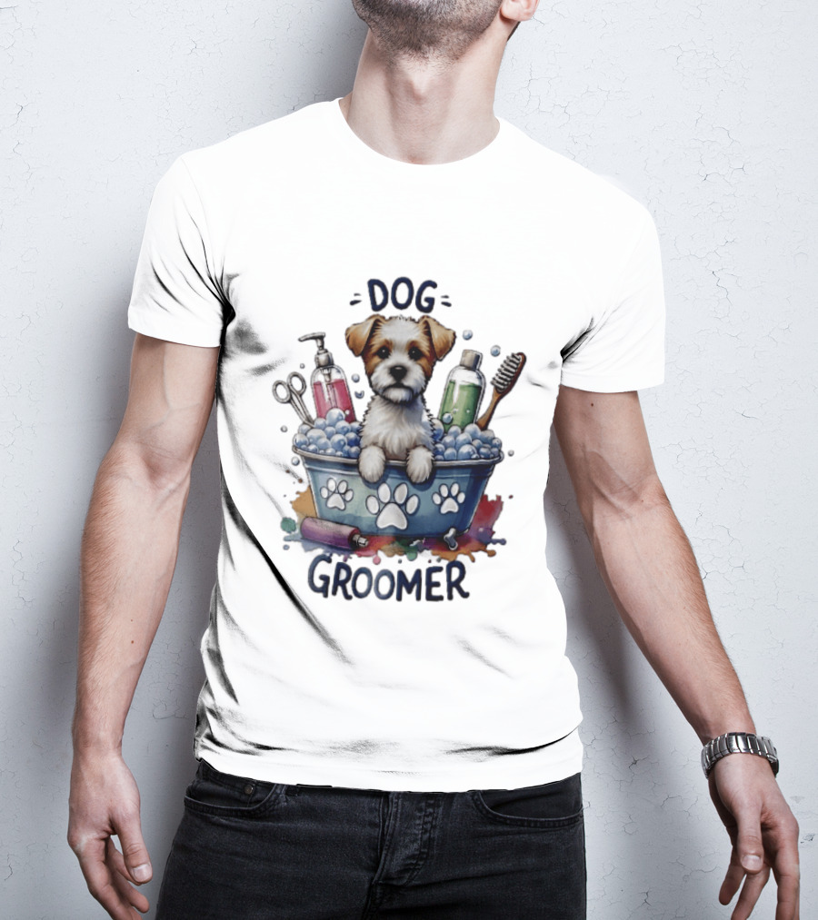 Dog Groomer Puppy Bath Tub Soap Scissors Brush Watercolor T-Shirt