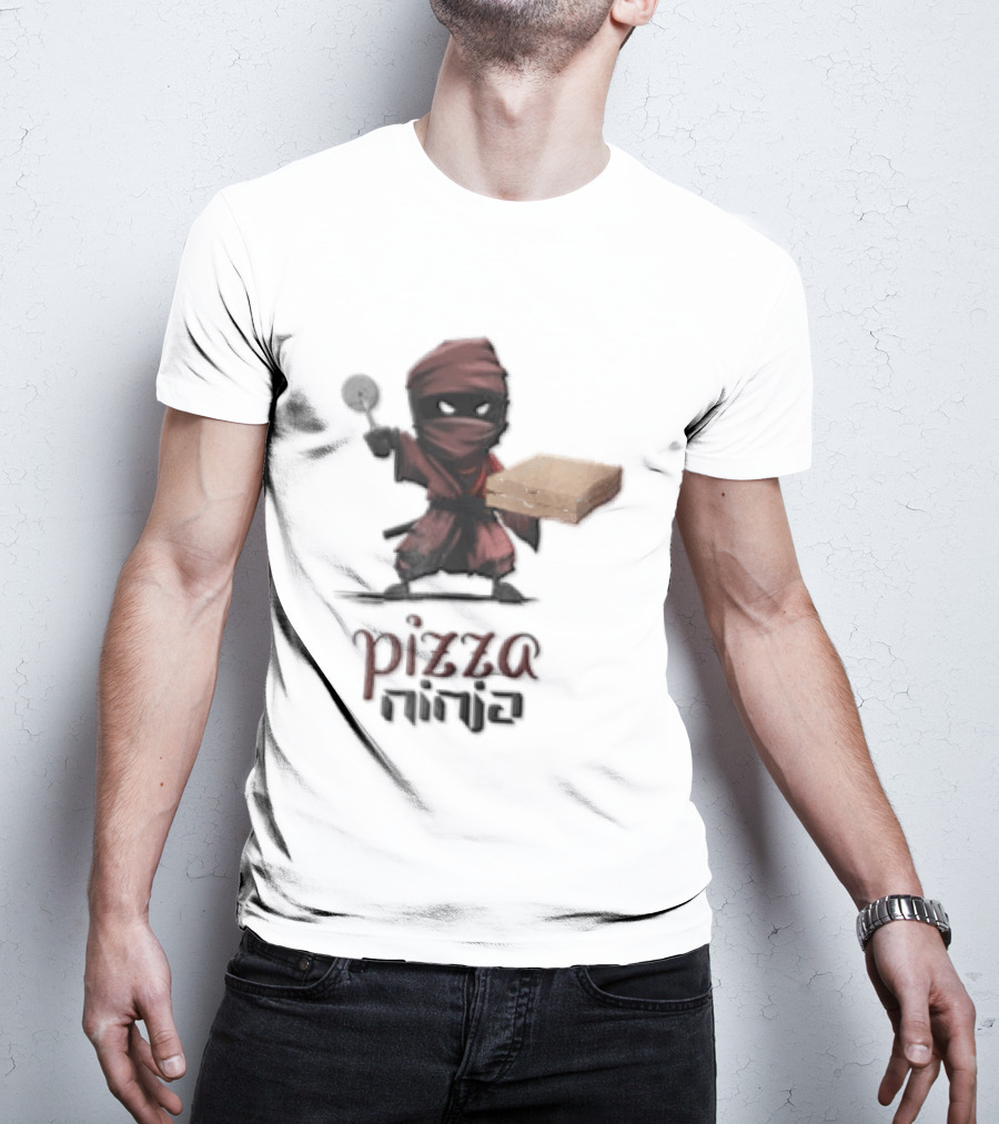 Pizza Ninja Red Masked Cartoon Figure Holding Cardboard Box T-Shirt