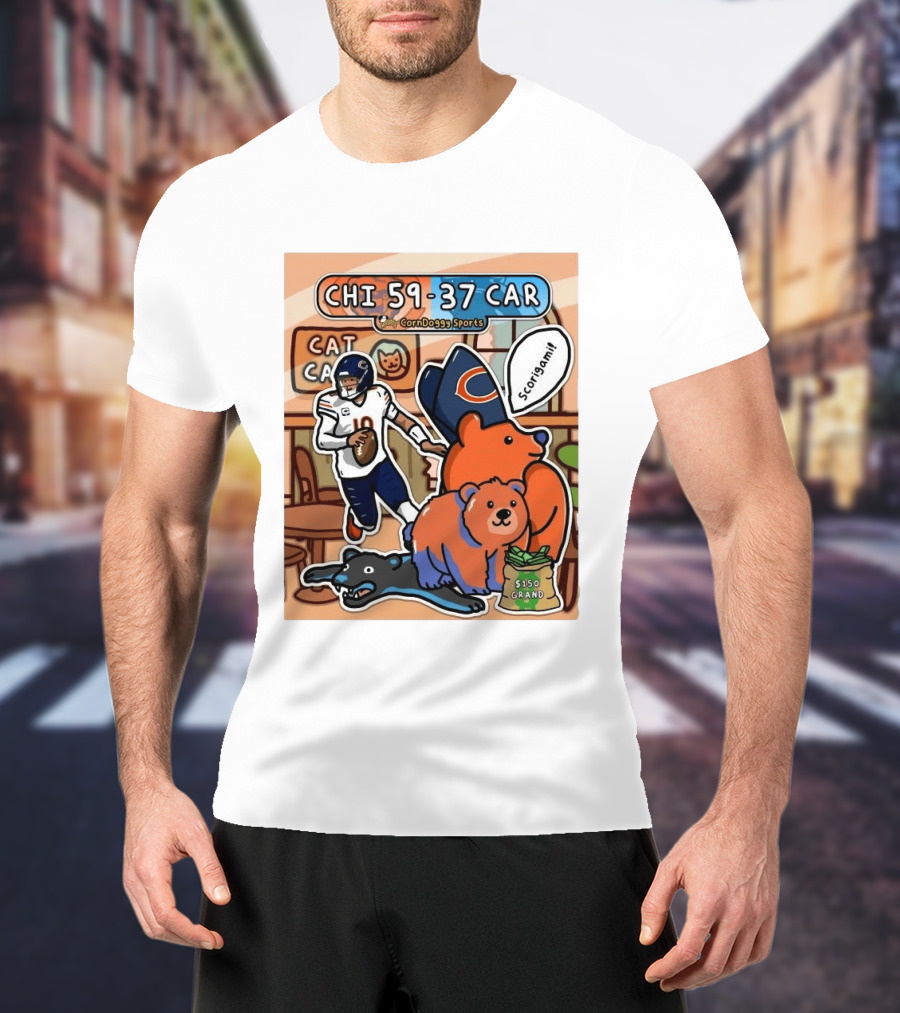 CHI 59 37 CAR CornDoggy Sports Chicago Bears Vs Carolina Panthers Scorigami Cat Café $150 Grand T-Shirt