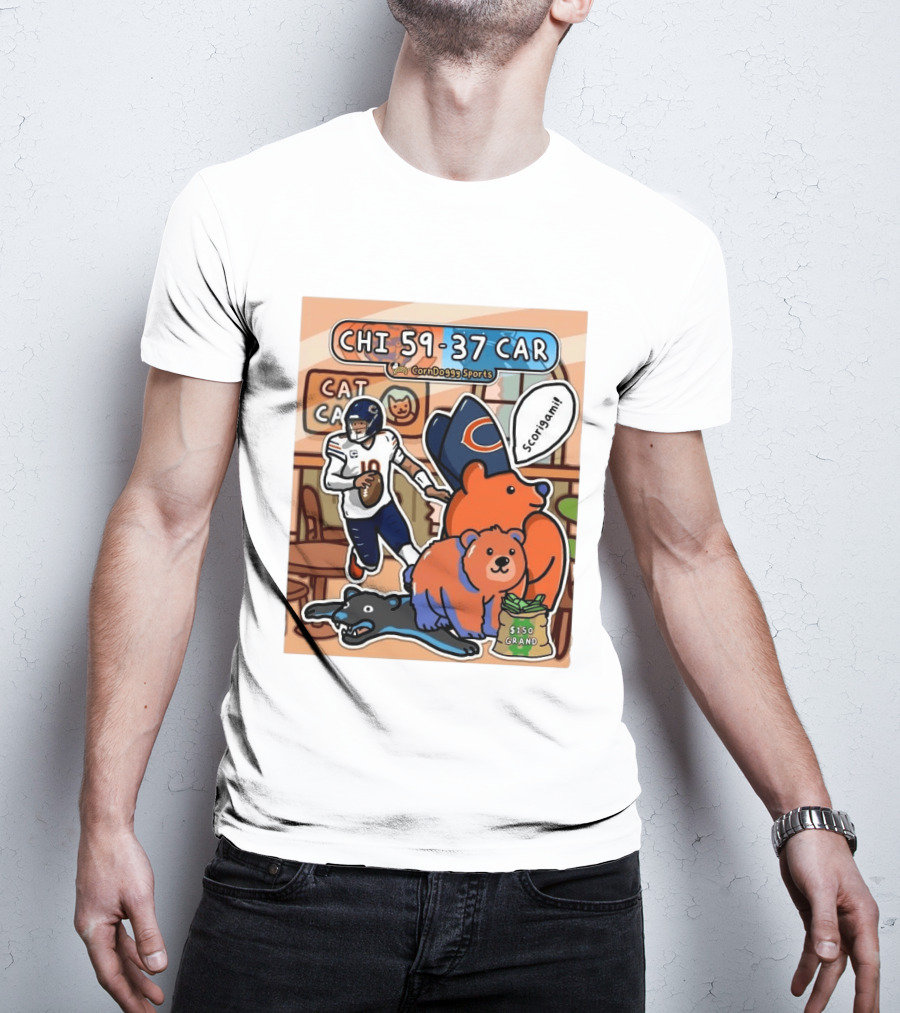 CHI 59 37 CAR CornDoggy Sports Chicago Bears Vs Carolina Panthers Scorigami Cat Café $150 Grand T-Shirt
