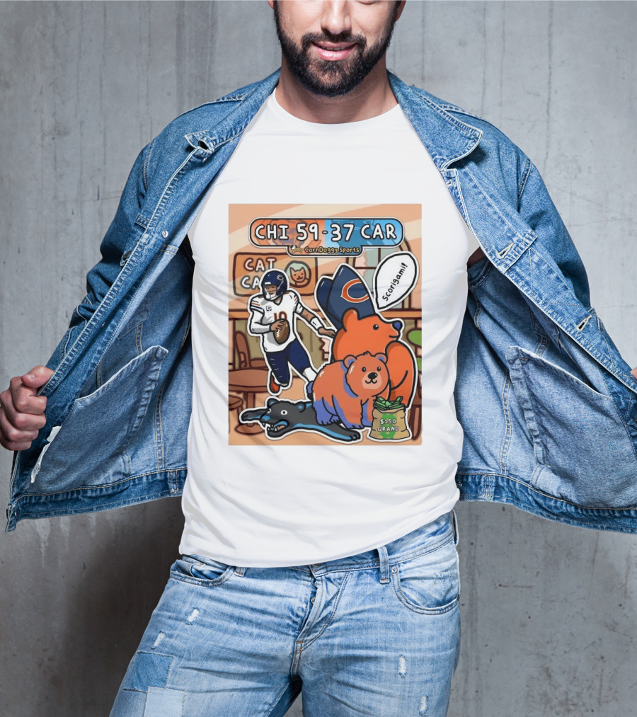 CHI 59 37 CAR CornDoggy Sports Chicago Bears Vs Carolina Panthers Scorigami Cat Café $150 Grand T-Shirt