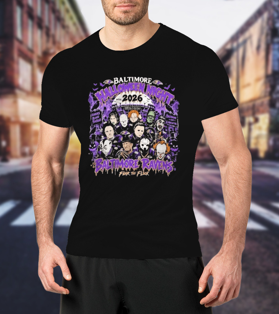 Baltimore Ravens 2026 Halloween Night Horror Characters Fear The Flock T-Shirt