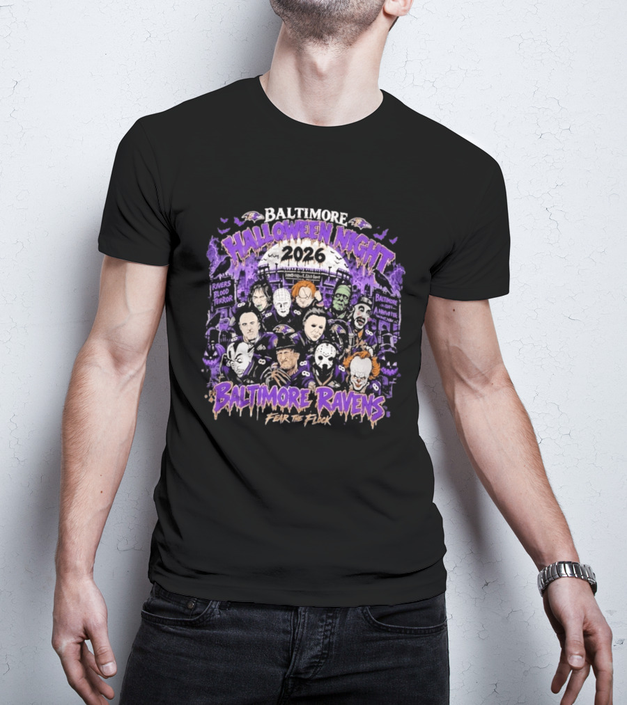 Baltimore Ravens 2026 Halloween Night Horror Characters Fear The Flock T-Shirt