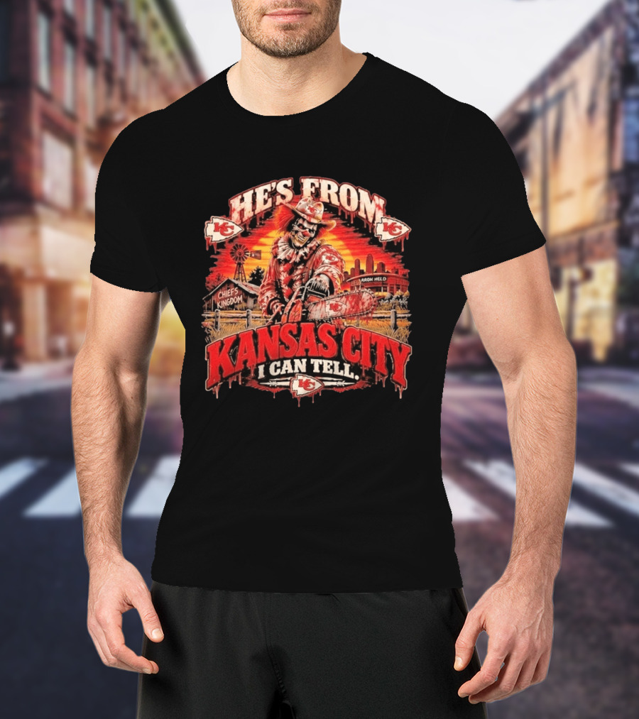 Kansas City Chiefs He's From Kansas City I Can Tell Horror Kingdom NFL Chiefs Logo Scary Chainsaw T-Shirt
