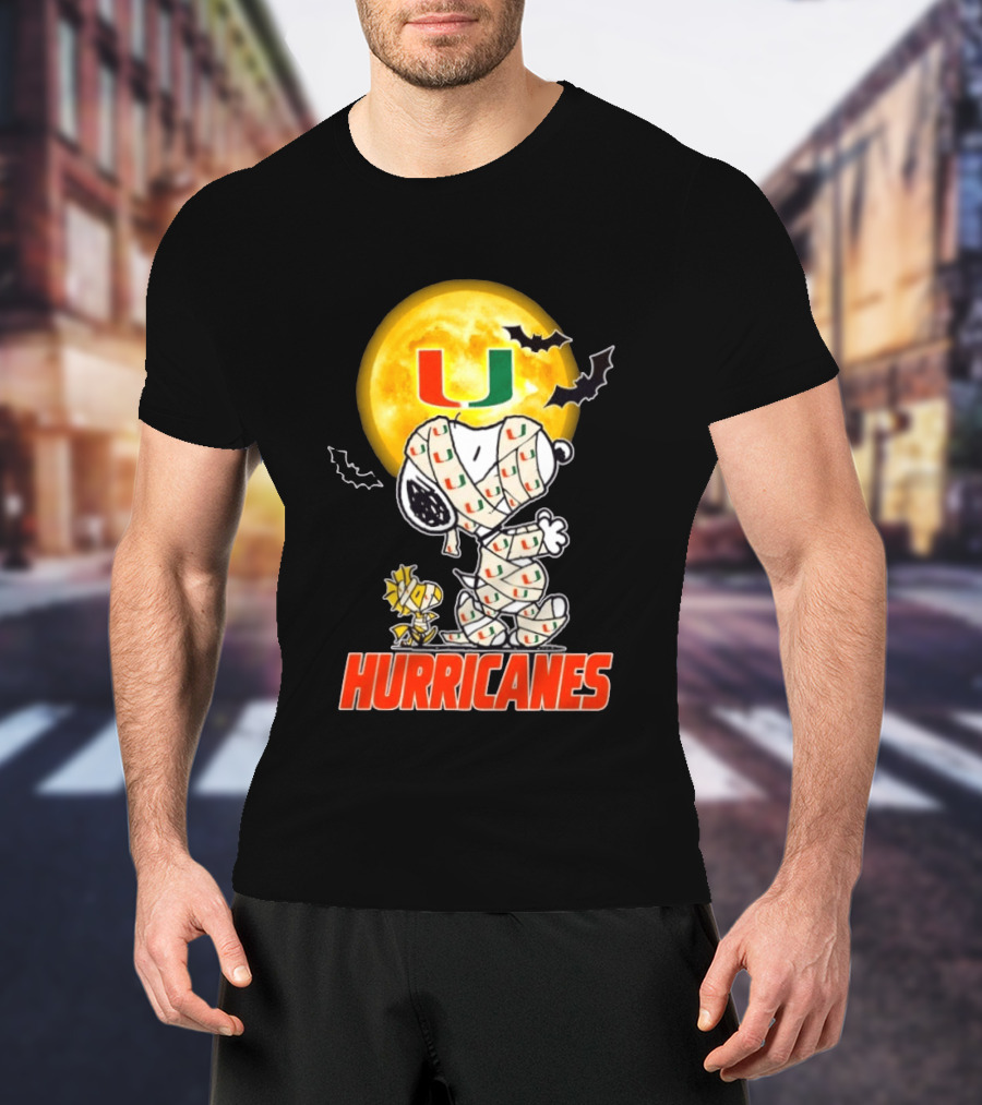 Miami Hurricanes Snoopy Woodstock Mummy Halloween Moon Bats T-Shirt
