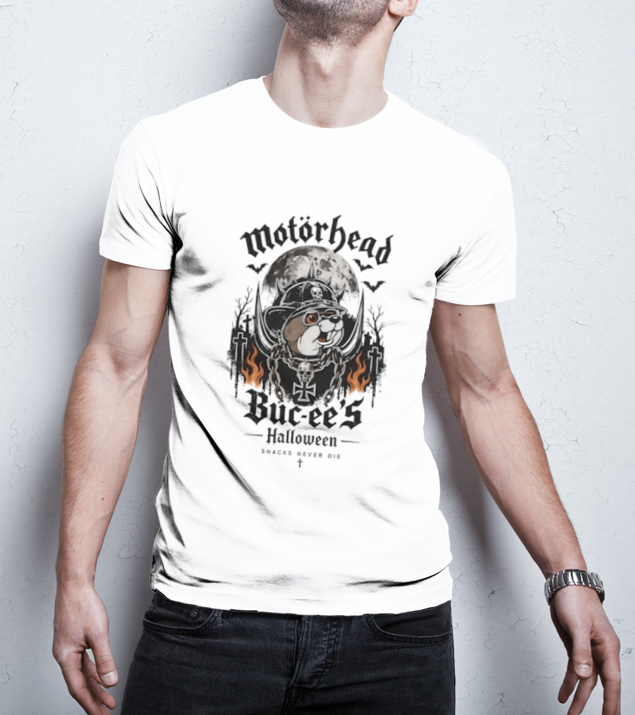 Motorhead Buc Ee's Halloween Snacks Never Die Ghostly Flames Moon Bats T-Shirt