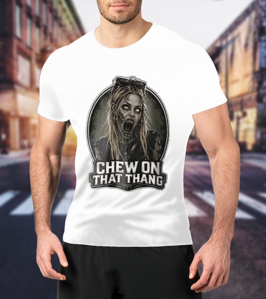 Chew On That Thang Zombie Blonde Woman Open Mouth Green Slime Sunglasses T-Shirt