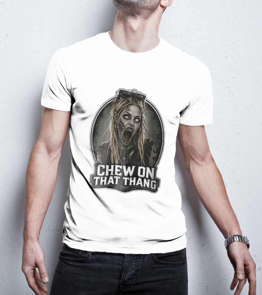 Chew On That Thang Zombie Blonde Woman Open Mouth Green Slime Sunglasses T-Shirt