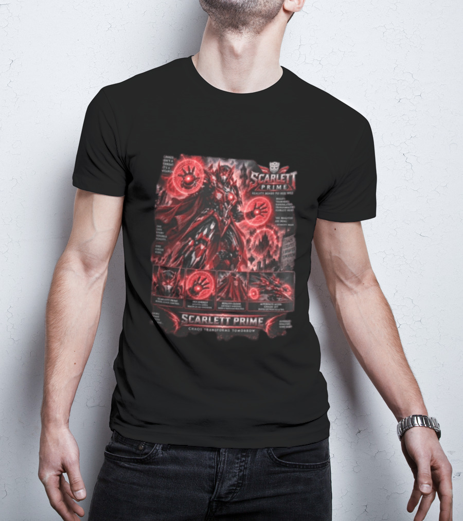 Scarlett Prime Reality Bends Red Mecha Chaos Transforms Tomorrow Jet Hex Magic T-Shirt