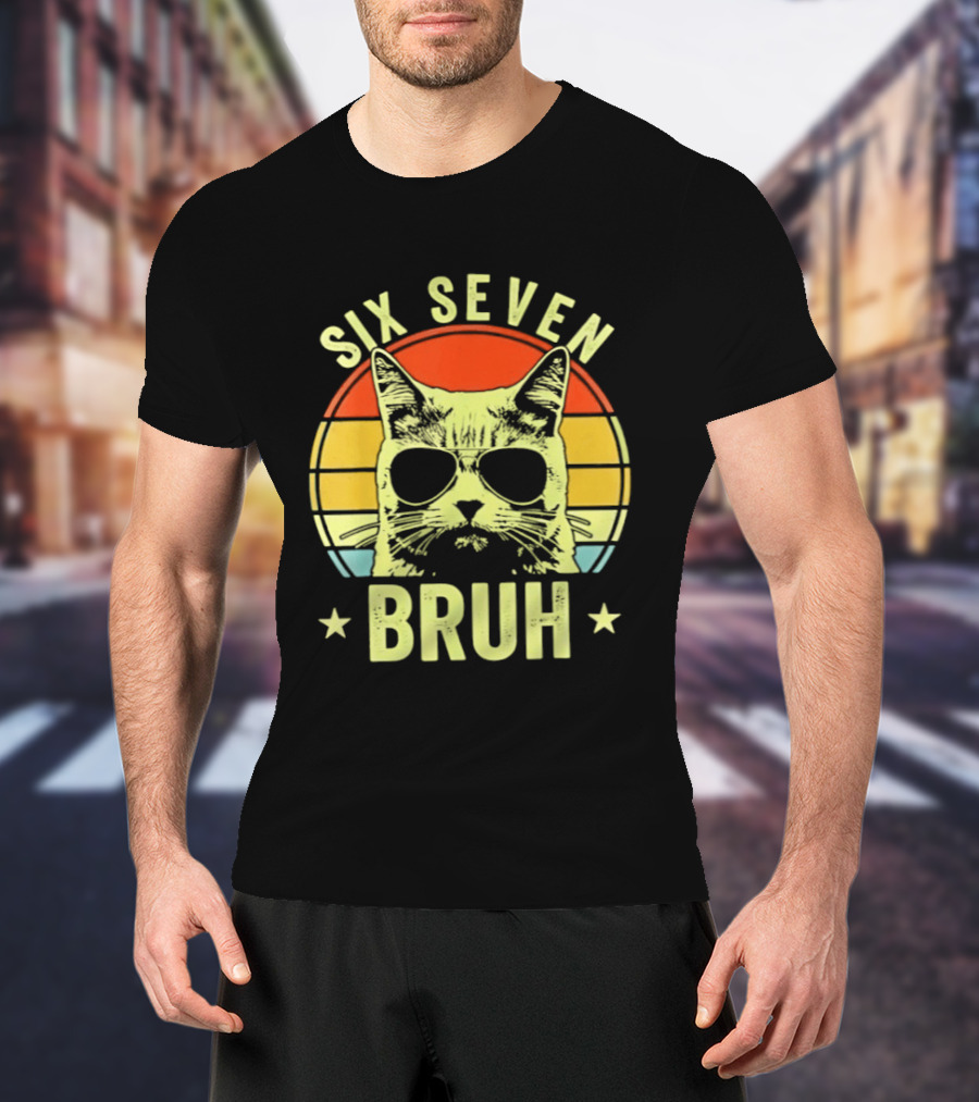 Six Seven Bruh Retro Cat Sunset T-Shirt