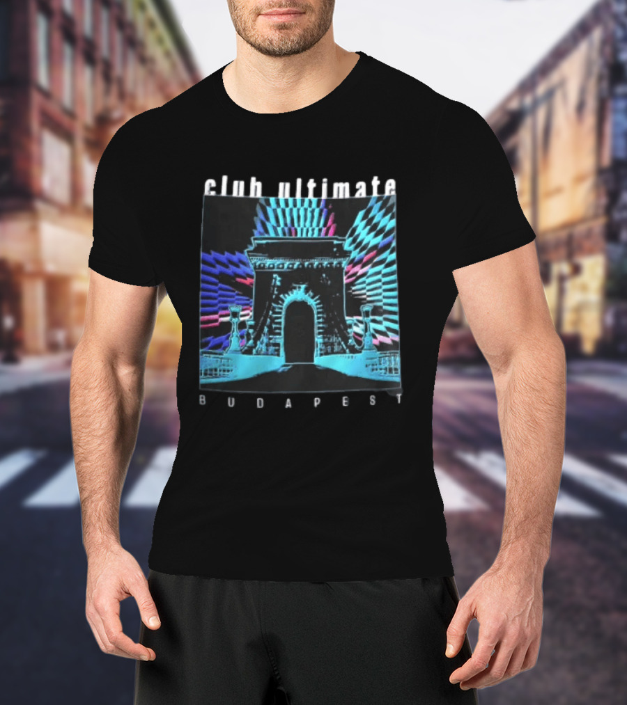 Club Ultimate Budapest Szechenyi Chain Bridge Neon Checkerboard Arch T-Shirt